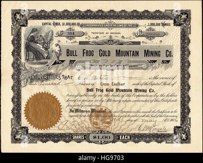 1906 Bull Frog Gold Mountain Mining Company Stock Certificate - Bullfrog Mine d'or et d'argent du district - Nye Co., Nevada, USA Banque D'Images