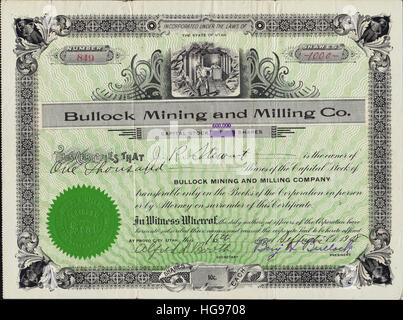 1908 L'exploitation minière et Bullock Milling Company Stock Certificate - Provo City, Utah - USA Banque D'Images