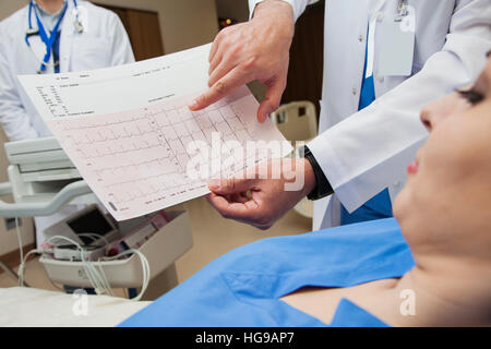 Une jeune femme est à la recherche d'un schéma de pulsation fait par un médecin à l'hôpital. Banque D'Images