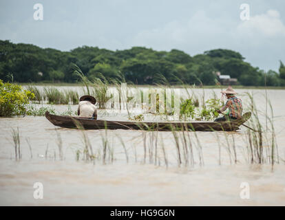 Un voyage par bateau pendant les inondations dans le delta de l'Irrawaddy en Birmanie Banque D'Images