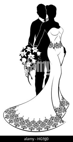 Couple de mariage mariée et le marié avec la mariée silhouettes dans un modèle de robe de mariée robe blanche tenant un bouquet de fleurs Banque D'Images