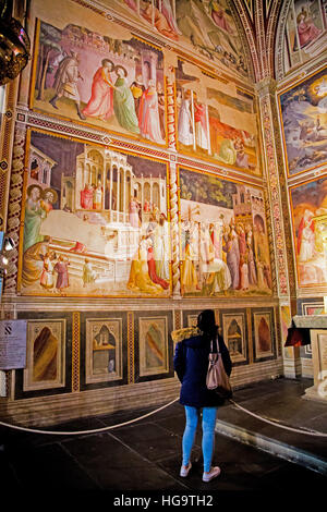 Femme d'admirer les fresques de Cappella Baroncelli dans la Basilique Santa Croce Florence Italie Banque D'Images