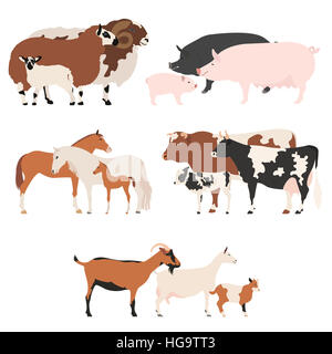 La collection de la famille animall agricoles. Bovins, ovins, porc, cheval, chèvre icon set. Modèle plat. Vector illustration Banque D'Images