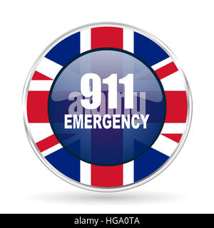 Urgence numéro 911 - icône du design britannique argent métallique ronde bouton de bordure avec la Grande-Bretagne d'un drapeau Banque D'Images