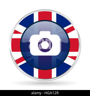 La caméra photo d'icône du design - argent métallique ronde bouton de bordure avec la Grande-Bretagne d'un drapeau Banque D'Images