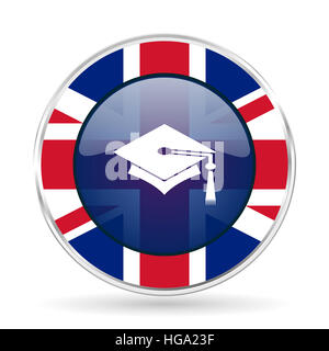 La conception britannique de l'éducation - l'icône bouton bordure argent métallique ronde avec la Grande-Bretagne d'un drapeau Banque D'Images