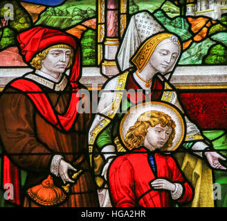 Vitraux dans la Cathédrale de Malines, Belgique, représentant une famille noble (16ème siècle) Banque D'Images