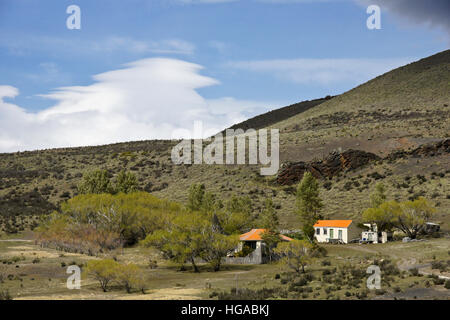 Rancho Laguna Amarga et massif du Paine, Torres del Paine, Patagonie, Chili Banque D'Images