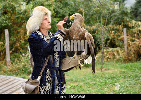 Formateur en plaçant sur le capot blanc queue blanche à l'extérieur à l'Sunkar Almaty Kazakhstan sanctuaire falcon Banque D'Images