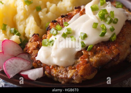 Pays fried steak et sauce blanche avec de la purée de pommes de terre sur une plaque horizontale macro Banque D'Images