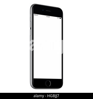 Mobile smartphone noir légèrement pivoté vers la gauche la maquette avec écran blanc isolé sur fond blanc. Banque D'Images
