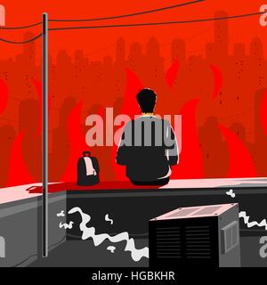 L'homme est assis sur le toit et le feu à la CTY Illustration de Vecteur