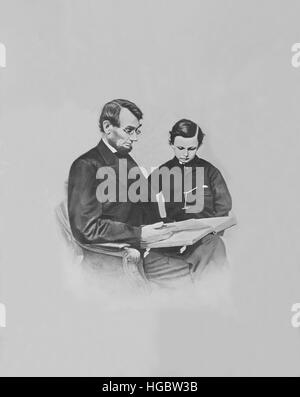 Le président Abraham Lincoln et son fils Tad Lincoln regardant un livre. Banque D'Images