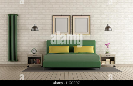 Maître contemporain chambre avec lit double,vert mur de briques et de chauffage - le rendu 3D Banque D'Images