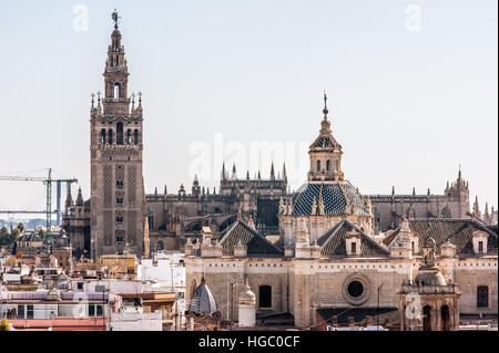 La vue quotidienne de la Cathédrale de Séville avec la Giralda. La Giralda est le nom donné à la tour de la cloche de la Cathédrale de Séville Banque D'Images