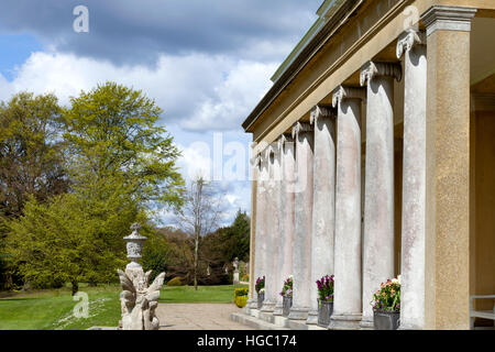 Parc paysager terrain avec les jeunes feuilles vertes, Arbres, pelouses, fleurs sauvages des colonnes grecques anciennes, un jour de printemps Banque D'Images