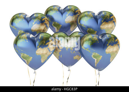 Ballons en forme de coeur avec plan de terre, rendu 3D isolé sur fond blanc Banque D'Images