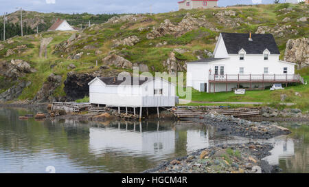 Niché entre les maisons, littoral rocheux à Twillingate paysage Terre-Neuve, Canada. Banque D'Images