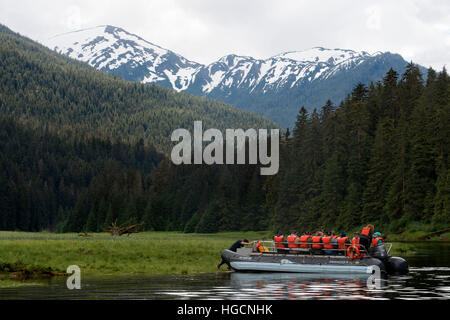 Safari croisière Endeavour passagers dans un bateau gonflable de décor Cove, Thomas Bay, Petersburg, sud-est de l'Alaska. Thomas Bay est situé au sud-est Banque D'Images