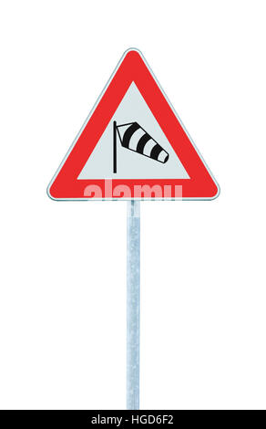 Côté brusque vent de travers susceptibles d'avance road sign, isolé d'avertissement de trafic flying sock crosswinds sidewind danger danger signalisation rouge icône de manche Banque D'Images