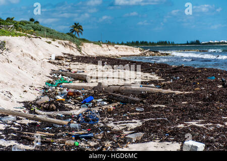 Le problème de la pollution de l'océan de la côte du Mexique avec la litière en plastique Banque D'Images