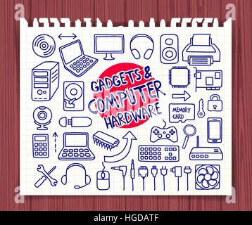 Doodle Gadgets et matériels informatiques icons set. Hand drawn doodle collection de symboles. Éléments graphiques pour sites web, des imprimables, educationa Illustration de Vecteur