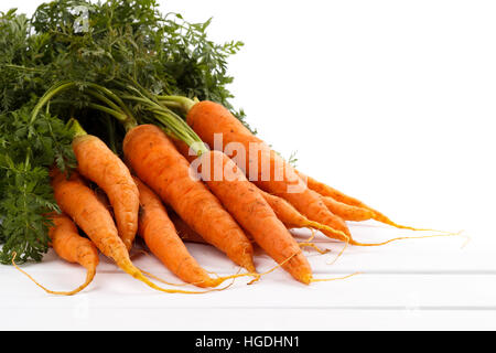 Bunch of freshly harvested carrots avec de la terre sur fond de bois blanc Banque D'Images