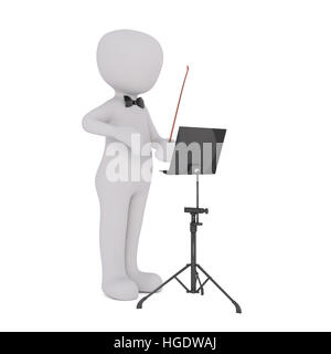 Le Rendu 3D de personnage portant cravate d'Arc et standing in front of White Background avec Baton et support musical Banque D'Images