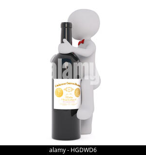 Le Rendu 3D de Cartoon Steward Figure portant Nœud Papillon rouge grimpant grande bouteille de vin rouge in front of White Background Banque D'Images