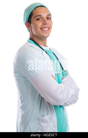 Jeune médecin smiling portrait d'occupation globale du médecin isolé sur fond blanc Banque D'Images