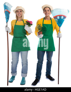 L'équipe de jardinier gardner jeunes fleurs jardin jardinage râteau profession full body portrait isolé sur fond blanc Banque D'Images
