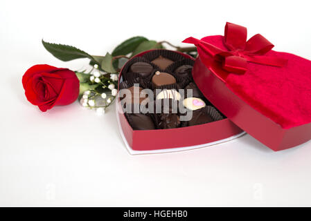 En forme de coeur ouvert une boîte de chocolats sur fond blanc avec une rose rouge Banque D'Images
