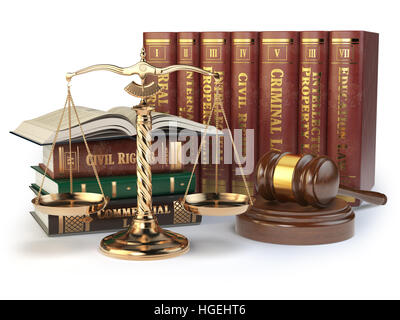 Échelles d'or de la justice, Gavel et livres avec différents domaine du droit isolé sur fond blanc. Concept de la Justice. 3d illustration Banque D'Images