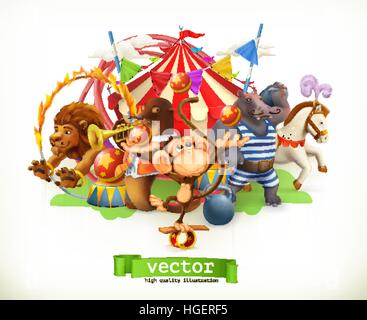 Cirque, animaux drôles. Singe, lion, cheval, Hippone. 3D de vecteur Illustration de Vecteur