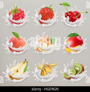 Fruits, petits fruits et yaourts. Fraise, framboise, cerise, poire, pêche, pomme, mangue, kiwi, le grain. 3d vector icon set 1 Illustration de Vecteur