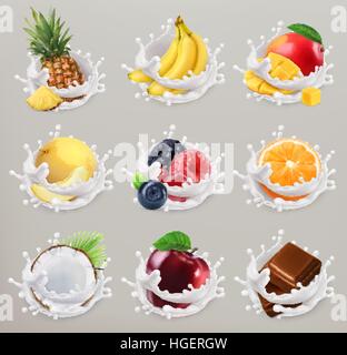 Fruits, petits fruits et yaourts. Mangue, banane, ananas, pomme, orange, chocolat, melon, noix de coco. 3d vector icon set 2 Illustration de Vecteur