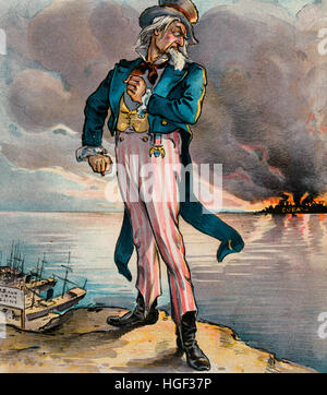 Temps presque jusqu'- caricature politique montre l'Oncle Sam debout sur le sol américain à côté des quais de la 'U.S.A. et cubains S.S. Line', regardant par-dessus son épaule à Cuba en flammes. 1897 Banque D'Images