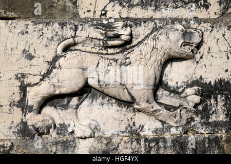 Relief d'un lion sur les ruines de l'église du monastère Saint Nicolas, Mesopotam, Vlora, Albanie Banque D'Images