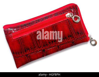 Étui en cuir rouge pour mobile phone on white Banque D'Images