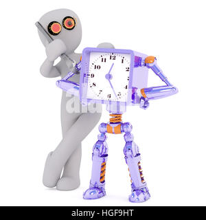 Le Rendu 3D de personnage portant des lunettes et debout à côté de l'horloge avec une clé Invention robotique in front of White Background Banque D'Images