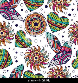 Modèle sans couture avec oiseau et coeur dans le style de Boho Illustration de Vecteur