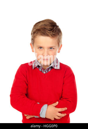 Peu d'Angry Kid avec maillot rouge isolé sur fond blanc Banque D'Images