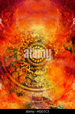 Filigrane ornement floral avec forme mandala cosmique sur backgrond, collage de l'ordinateur. L'effet d'incendie. Banque D'Images