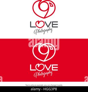 Photographie minimale logo design love concept. Appareil photo vecteur icône en forme de cœur. Illustration de Vecteur