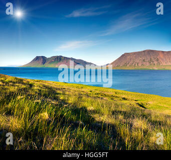 Paysage islandais typique avec les montagnes volcaniques et rivière d'eau pure. Matin d'été ensoleillé dans la côte ouest de l'Islande. Banque D'Images