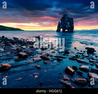 Basalte Hvitserkur énorme pile sur la rive orientale de la péninsule de Vatnsnes. Lever du soleil d'été coloré dans le nord-ouest de l'Islande Banque D'Images