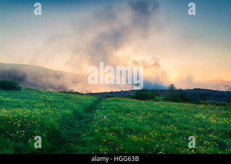 Lever du soleil d'été brumeux en Grand Geyser vallée, sur les pentes du Laugarfjall hill. Matin dans le sud-ouest de la scène colorée de l'Islande. Banque D'Images