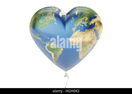 Ballon en forme de coeur avec plan de terre, rendu 3D isolé sur fond blanc Banque D'Images