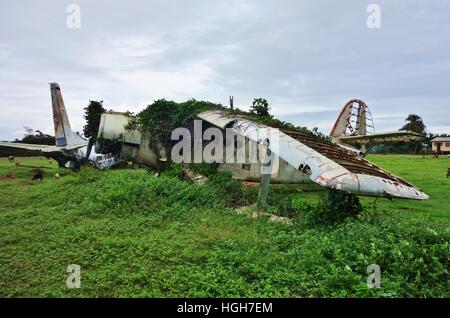 Les perles à Grenville, l'aéroport de Grenade, est maintenant abandonné avec des pâturages et des épaves de l'avion soviétique cubain Banque D'Images