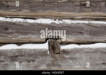 Un hiver festif avec arrière-plan gris argenté vieilli gros plan de grumes à sciages de neige horizontale entre les deux. Banque D'Images